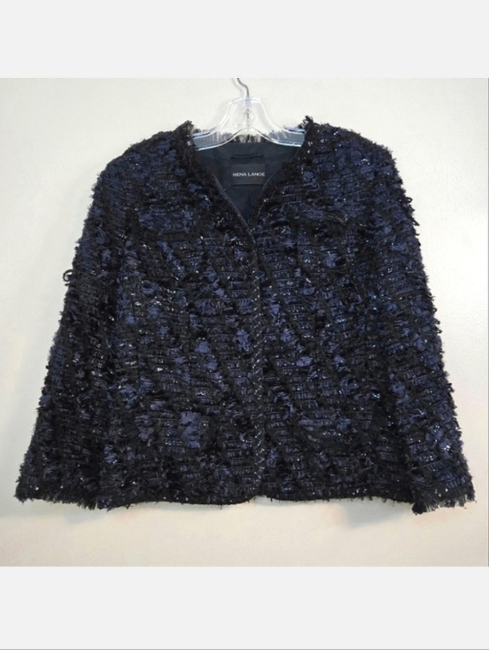 Rena Lange Women's Cropped Navy Blue Tweed Style Sequin Blazer, Size 12 ~ EUC
